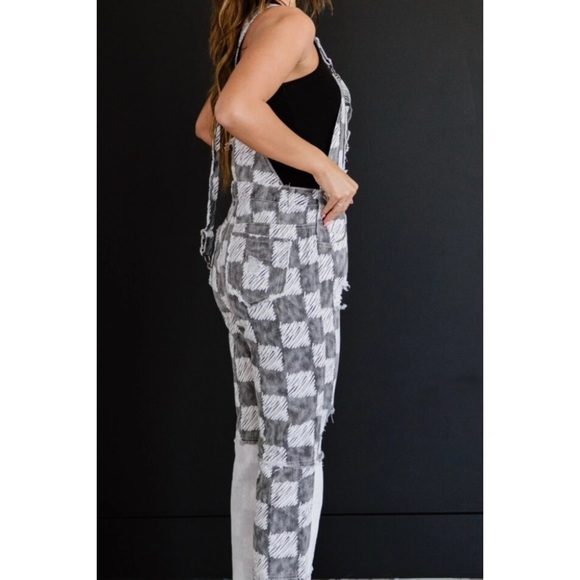 POL Black & White Checkerboard Distressed Overalls Premium Denim - Picture 4 of 13